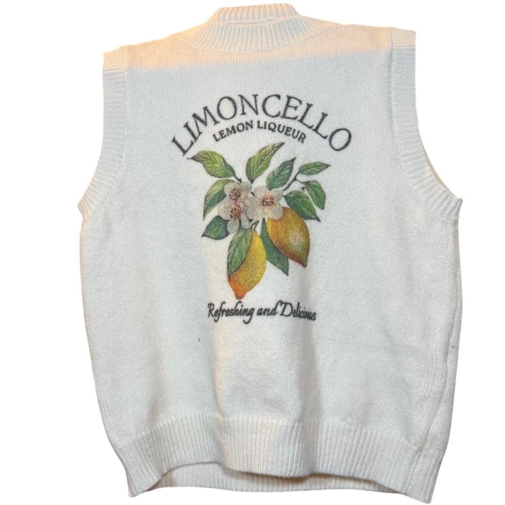 Limoncello Lemon Liqueur Graphic Knit Sweater Vest White Mock Neck Small